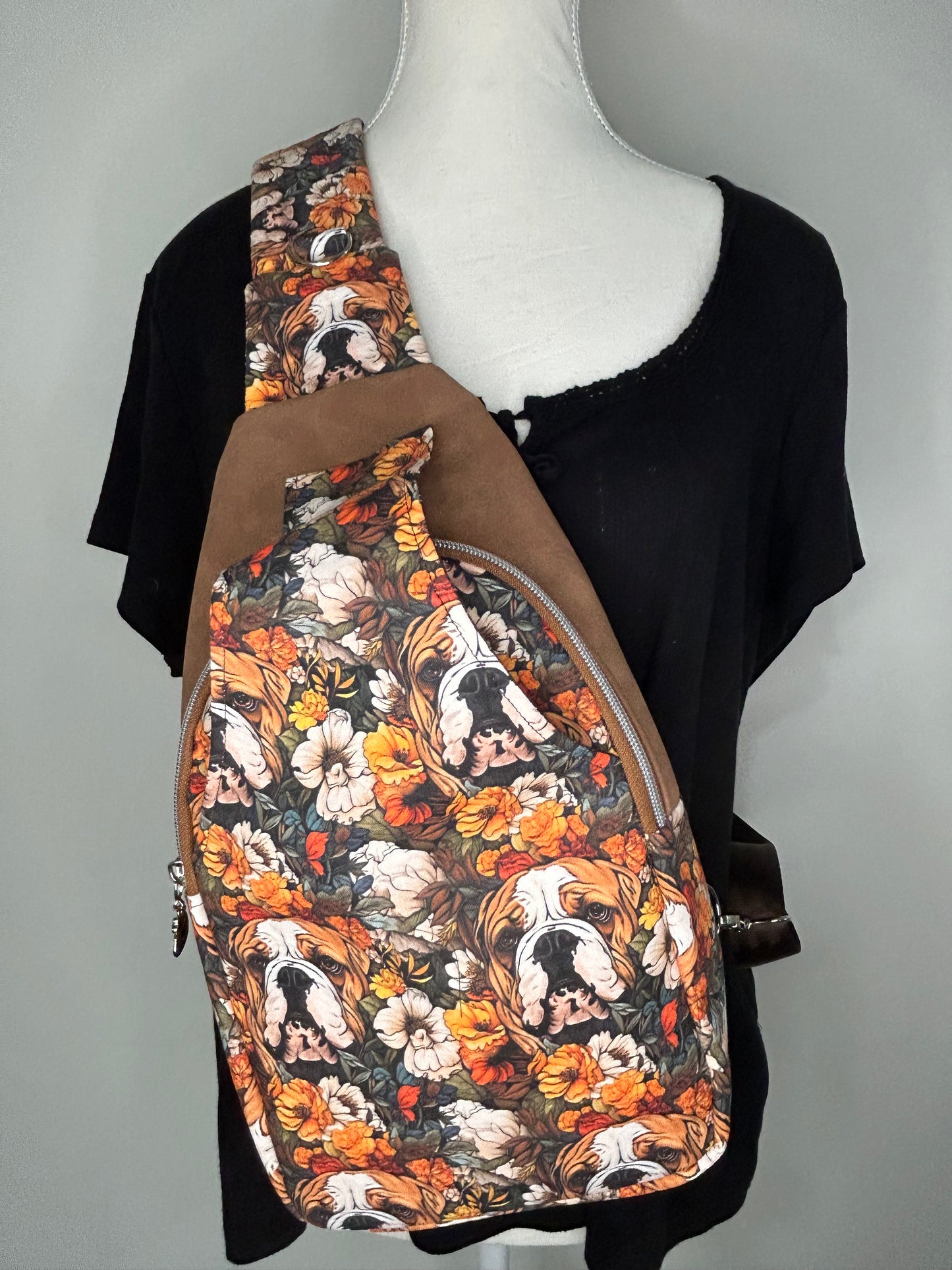 Floral English Bulldog Retro Sling Bag