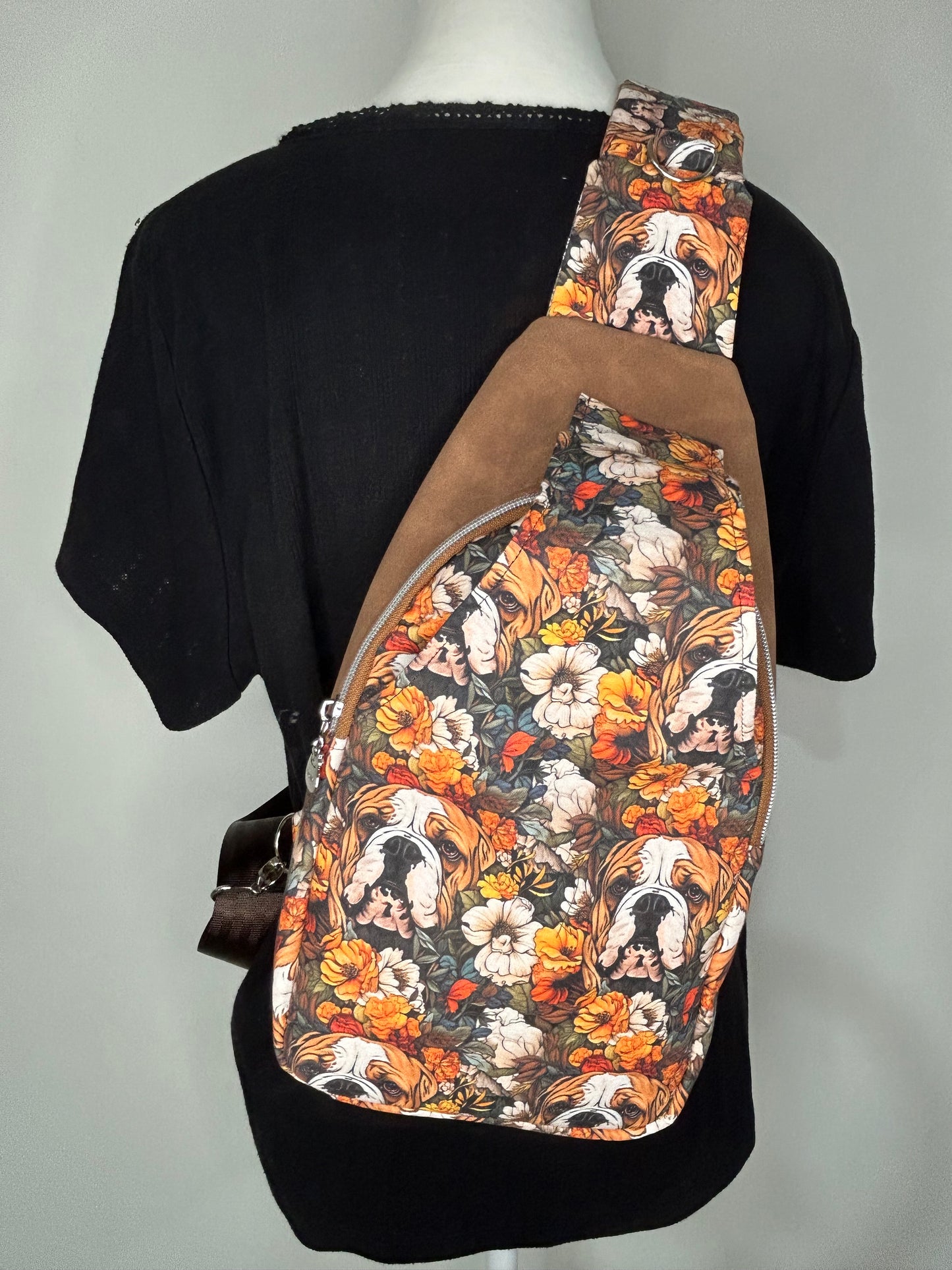Floral English Bulldog Retro Sling Bag