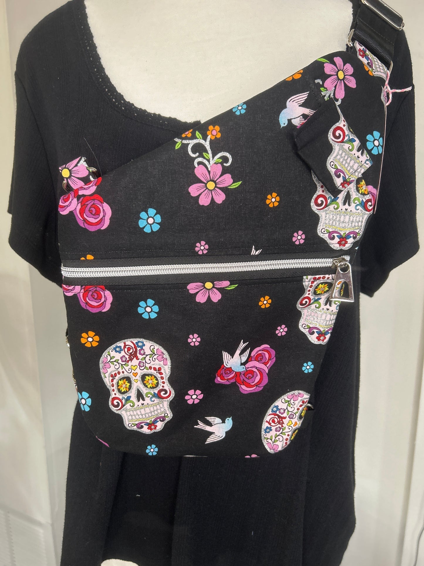 Handmade Glitter Skull Convertible Traveler Sling Bag