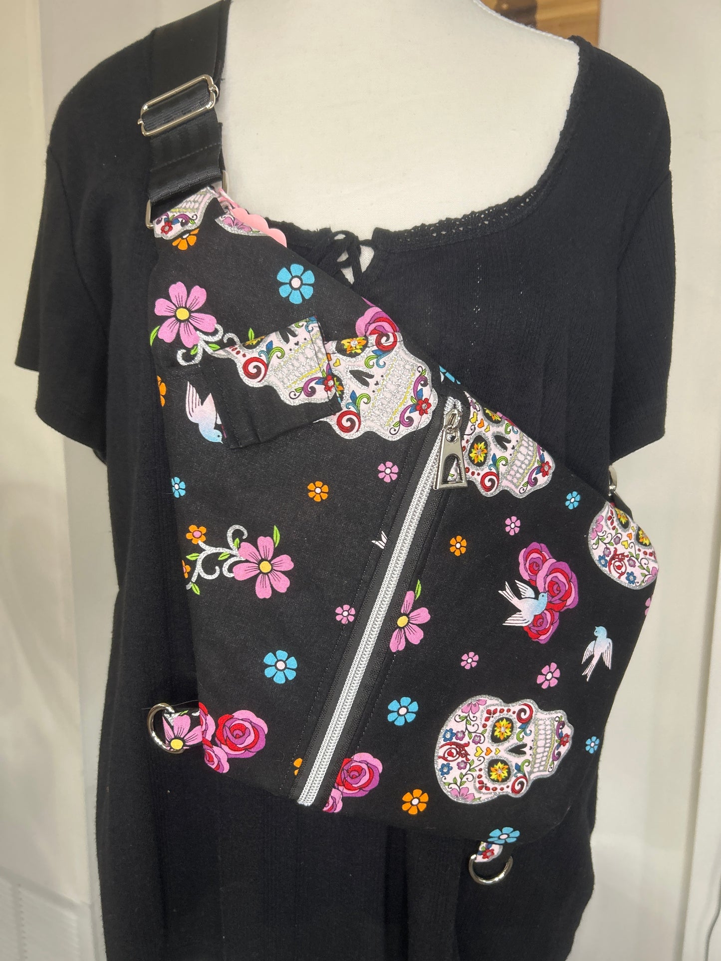 Handmade Glitter Skull Convertible Traveler Sling Bag