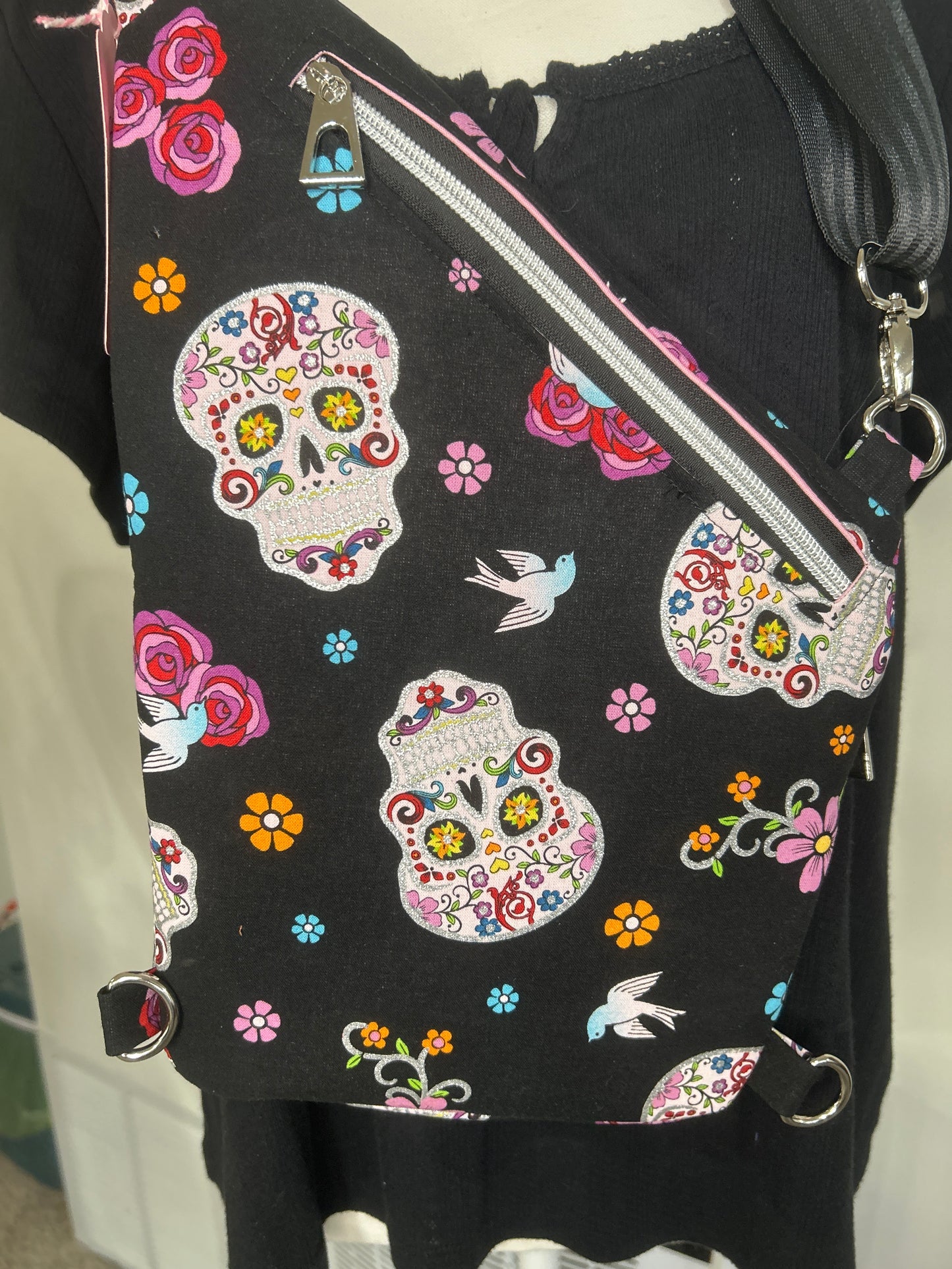 Handmade Glitter Skull Convertible Traveler Sling Bag