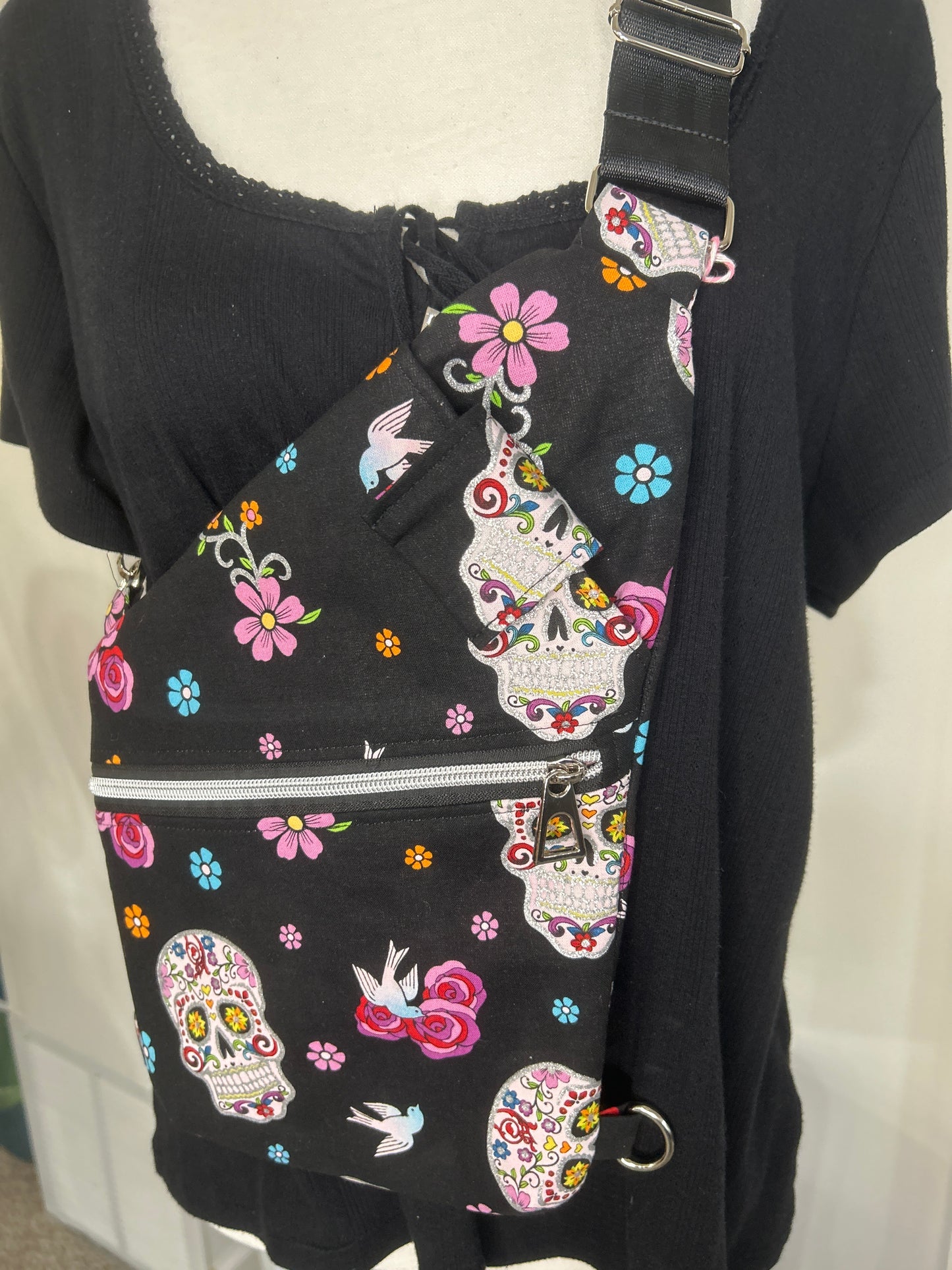 Handmade Glitter Skull Convertible Traveler Sling Bag