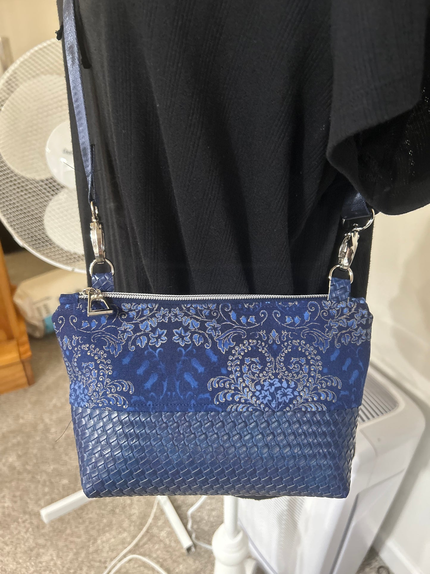 Handmade Basket Weave Vinyl and ornate fabric crossbody bag