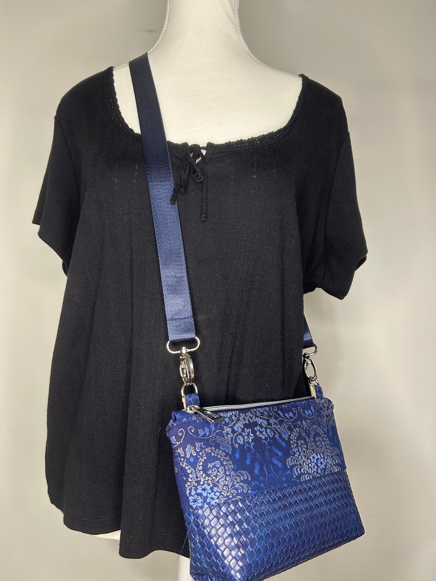 Handmade Basket Weave Vinyl and ornate fabric crossbody bag