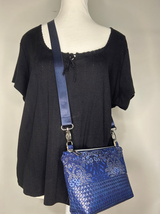 Handmade Basket Weave Vinyl and ornate fabric crossbody bag