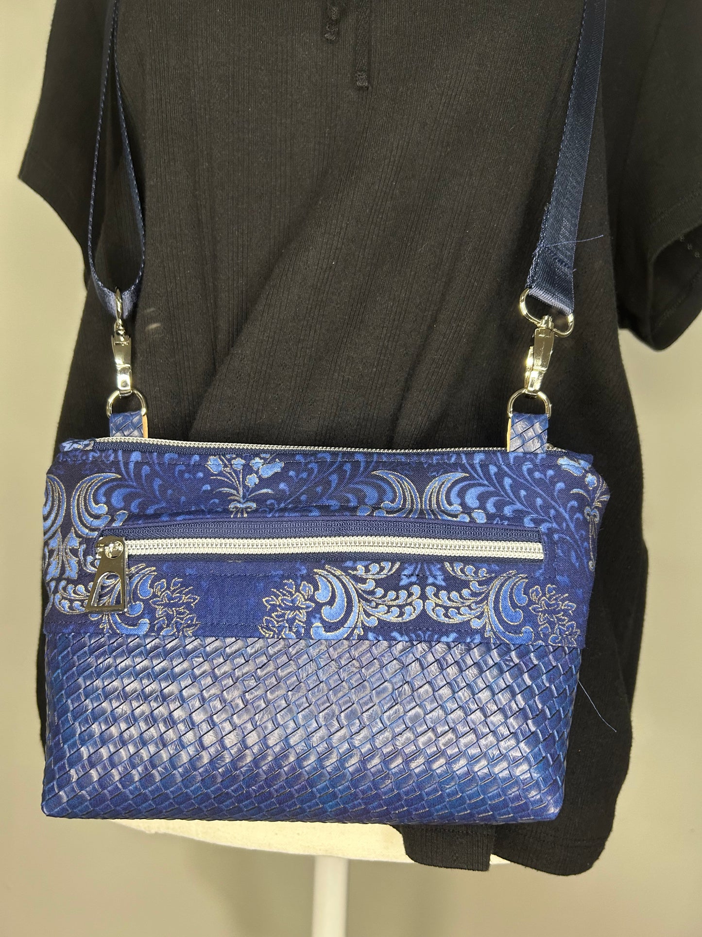 Handmade Basket Weave Vinyl and ornate fabric crossbody bag