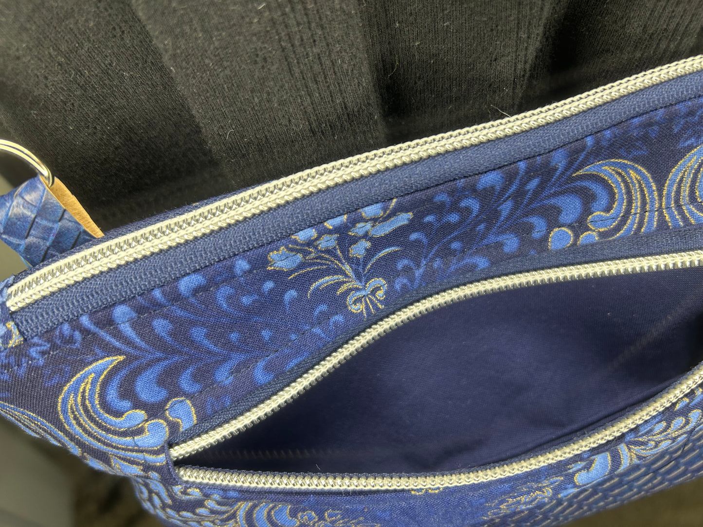 Handmade Basket Weave Vinyl and ornate fabric crossbody bag