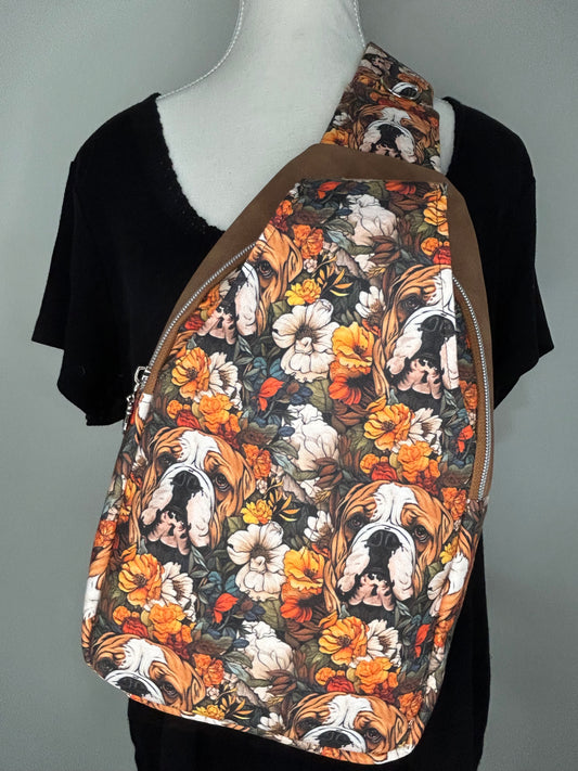 Floral English Bulldog Retro Sling Bag